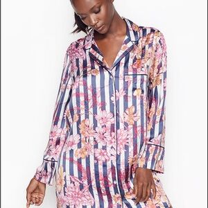Victoria’s Secret Silky Floral Stripe Button-Front Sleep Shirt - Pink & Blue